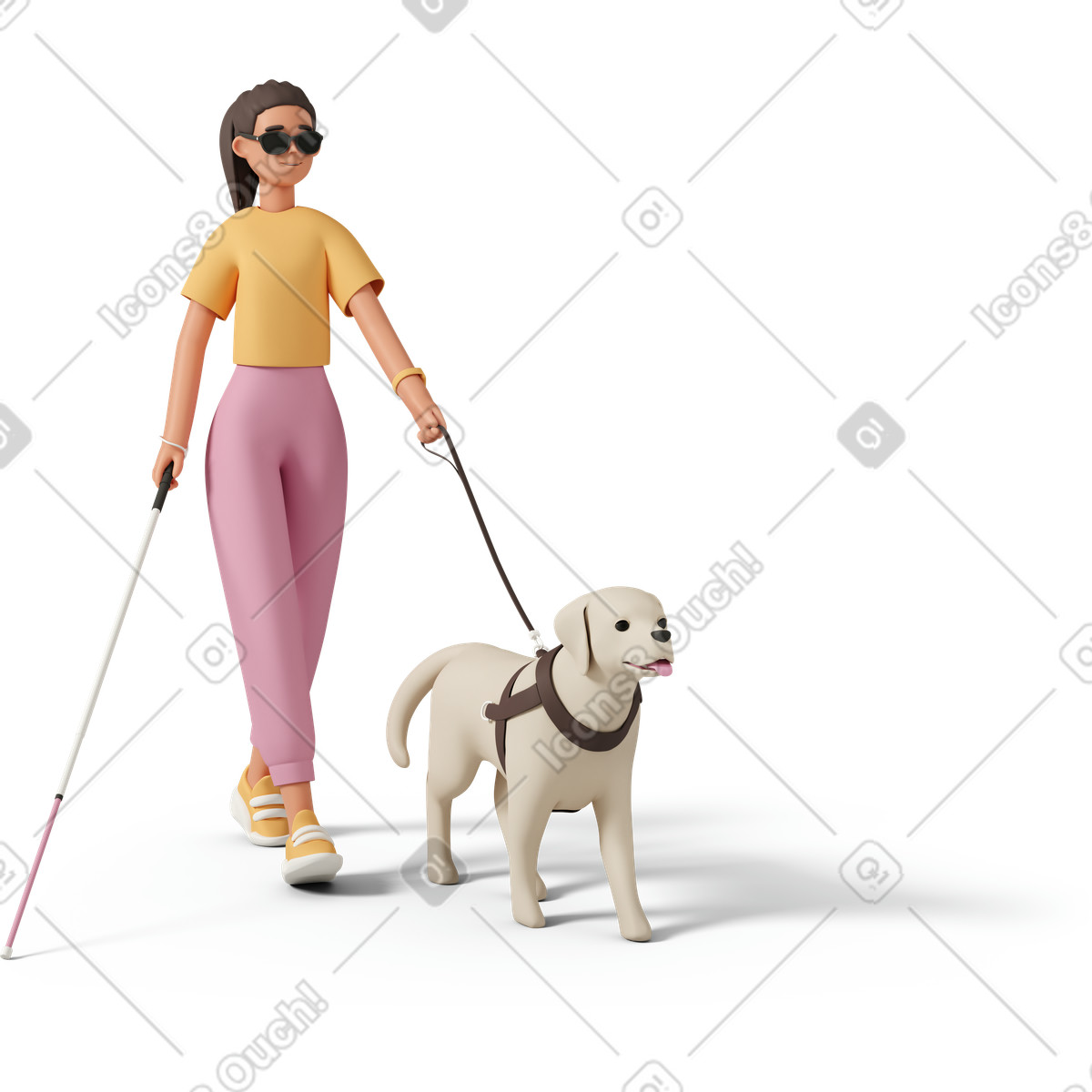 Walking with guide dog and cane, Accessibility mobility support illustration in 3D Casual life style download in PNG, SVG