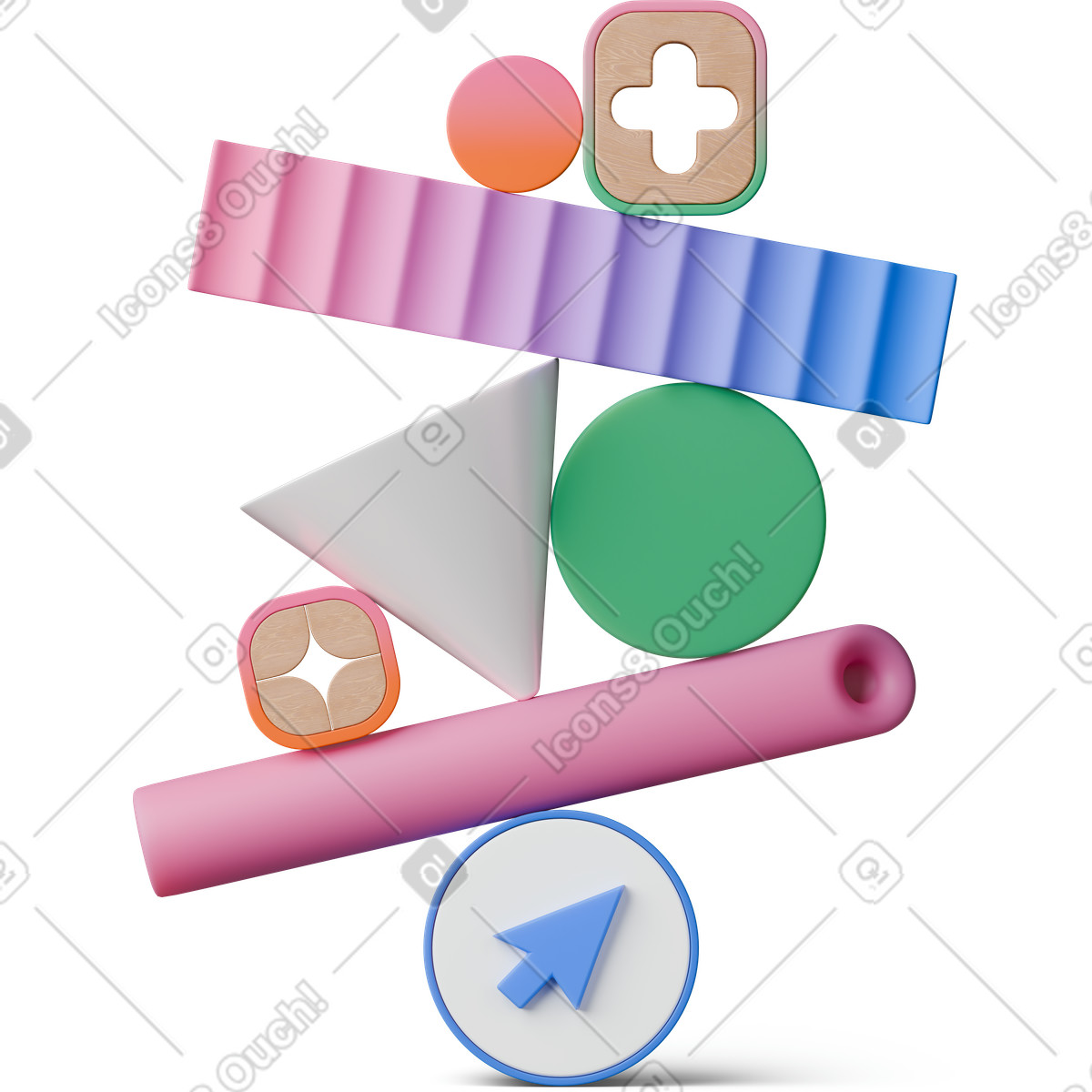 Front view of abstract figures and arrow animierte Illustration im 3D Hygge-Stil als Download in GIF, Lottie (JSON), AE