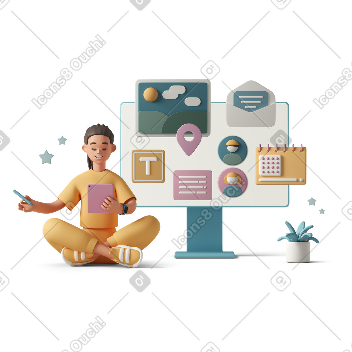 下载 3D Casual life 风格的 Website designer with tablet and working process on desktop 插画，支持 PNG、SVG 格式