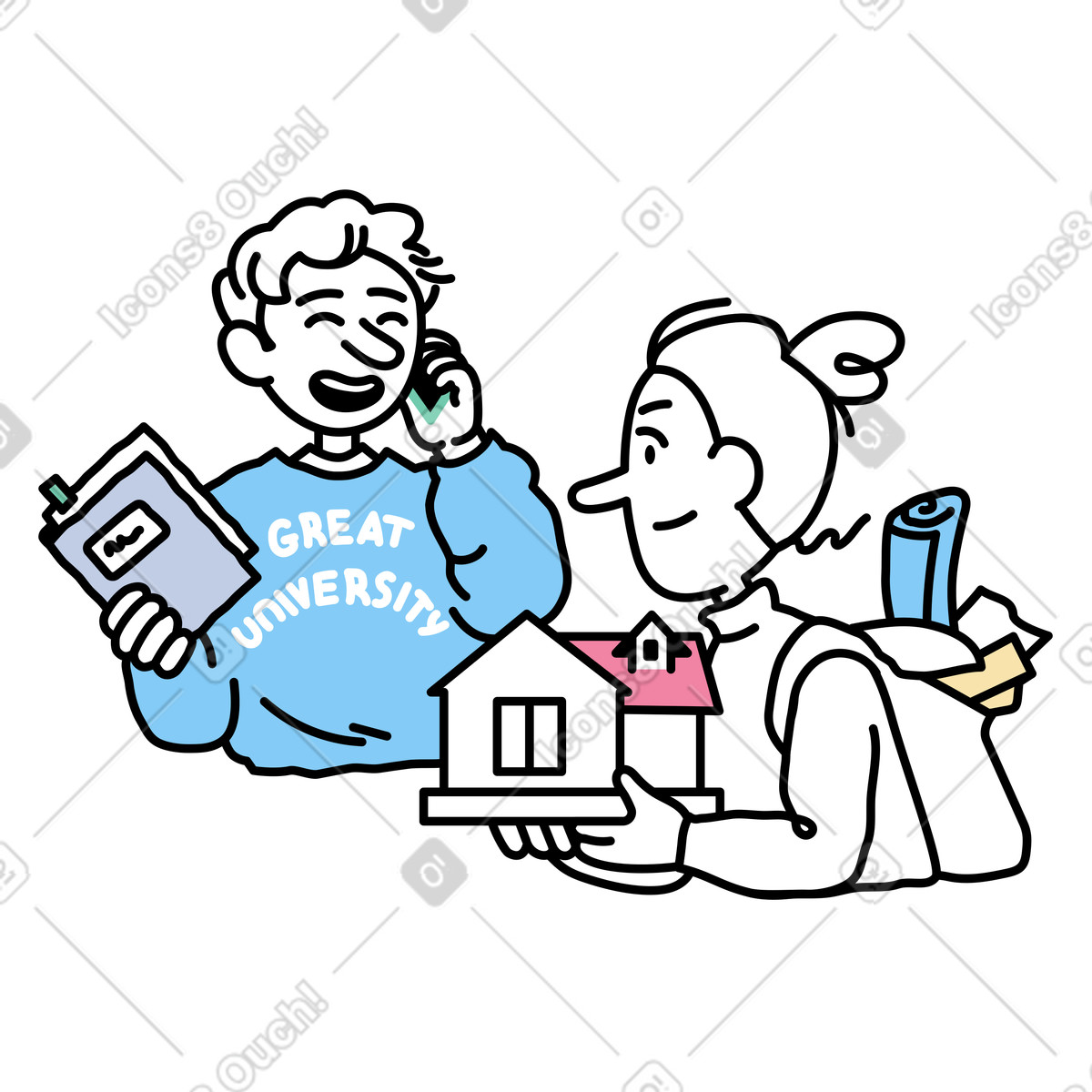 A young woman and a young man studying at university illustration in Notes style download in PNG, SVG