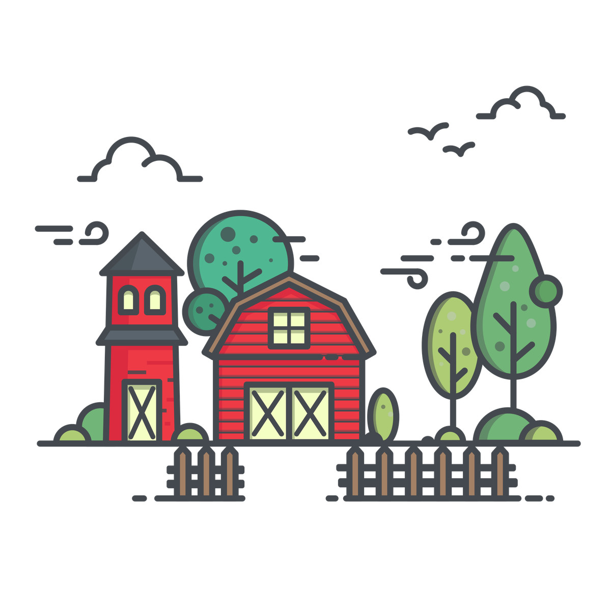 Barn and silo with trees, countryside farming landscape, rural agriculture setting illustration in Gummy style download in PNG, SVG