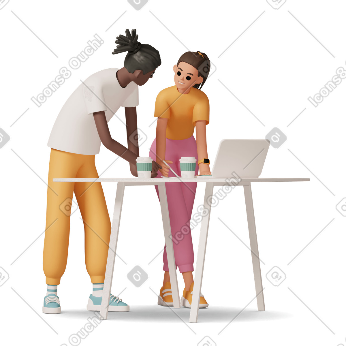 Colleagues discussing team project at the table illustration in 3D Casual life style download in PNG, SVG