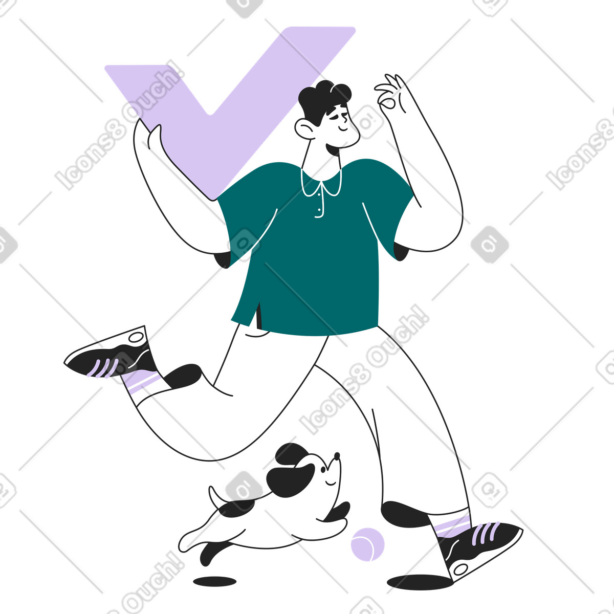 Runner and dog with giant check mark, Approval and task completion illustration in PNG, SVG