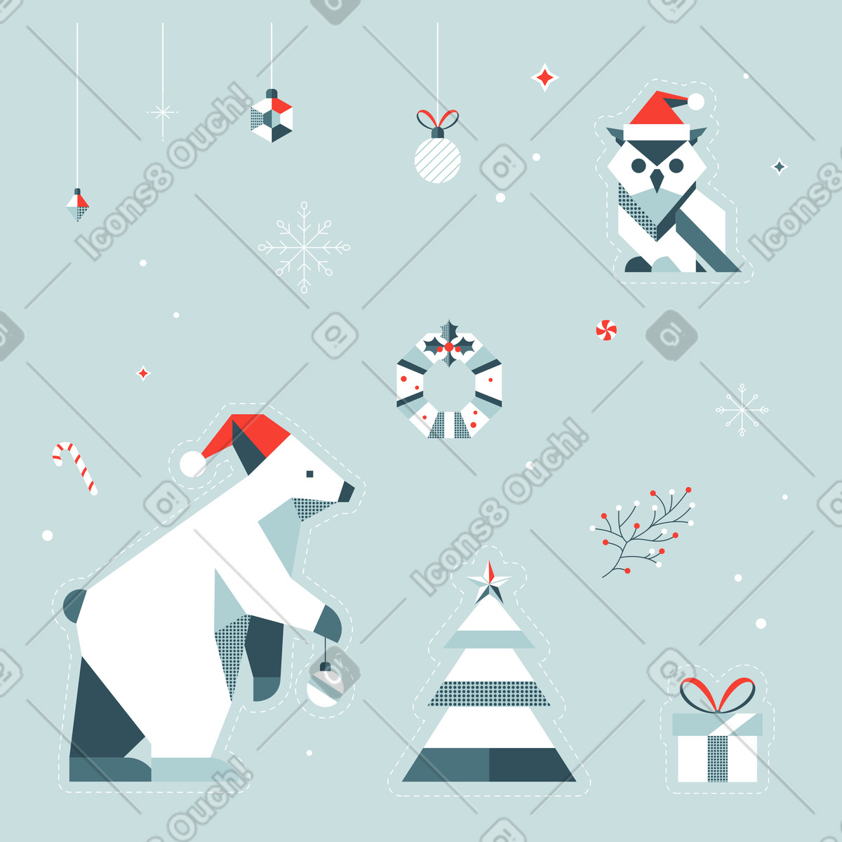下载 Nordic 风格的 带有北极熊和猫头鹰的贴纸包 插画，支持 PNG、SVG 格式
