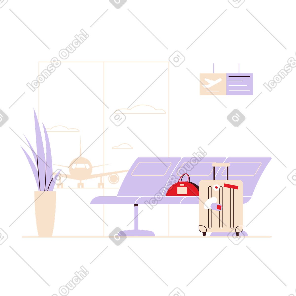 Luggage by the panoramic window illustration airport clipart image in PNG