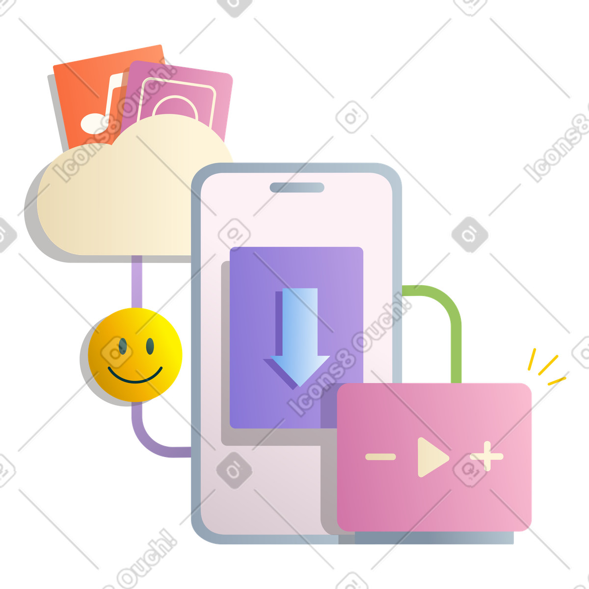 Illustration Télécharger des médias du cloud vers un téléphone portable dans le style Silky à aux formats PNG, SVG