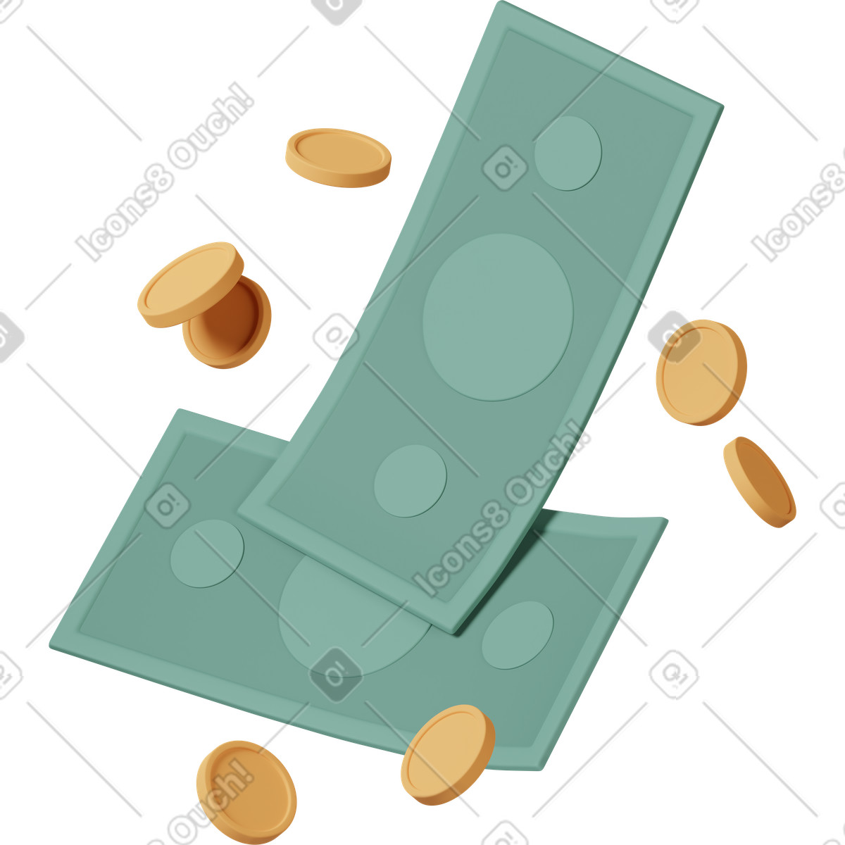Flying coins and banknotes illustration in PNG, SVG