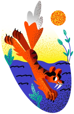 A tiger leaping through a colorful landscape - Fauna style illustration