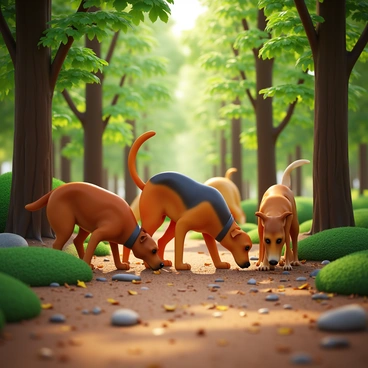 A team of trained dogs with various breeds, including a German Shepherd and a Labrador Retriever, sniffing on the ground in a dense wooded area. The dogs have focused expressions, with their noses close to the earth as they search for clues. Surrounding them are tall trees with green leaves and dappled sunlight filtering through the branches. The terrain is covered with fallen leaves and underbrush, giving a natural, earthy feel to the scene. There are small rocks and patches of grass scattered throughout the area, adding to the texture of the environment.