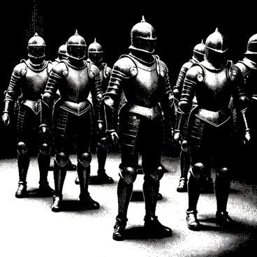 An armory is filled with several suits of armor arranged on stands. The armor is intricately detailed, showcasing various designs and embellishments. Shadows play across the floor and appear to cause the armor to shift slightly, creating an illusion of movement. Each suit has a distinct posture, as if ready to spring into action. Dim light casts dramatic shadows that accentuate the contours and textures of the metal surfaces. The atmosphere is tense, hinting at a hidden presence within the armory.