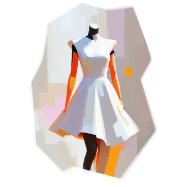 A fashion design featuring a sleek, modern dress with intricate detailing. The dress has a fitted silhouette that flares out gently at the hem. The fabric appears textured, showcasing hatching techniques to emphasize the folds and drapes. The neckline is elegantly designed, and the sleeves are structured, adding sophistication. The background is a subtle gradient, allowing the focus to remain on the meticulously detailed clothing.