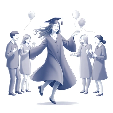 A girl in a flowing graduation gown is dancing joyfully amidst a celebration. The gown features a traditional cap and flowing sleeves that billow as she moves. Her hair is styled elegantly, framing her face with a beaming smile. She is surrounded by friends and family, all of whom are clapping and cheering. Balloons and streamers are visible in the background, adding to the festive atmosphere. The light captures the moment, highlighting her exuberance and the sense of accomplishment on this special day.