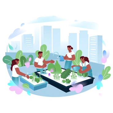 A diverse group of people is tending to an urban garden located on a rooftop. The garden features various plants, vegetables, and flowers arranged in raised planter boxes and pots. Some individuals are watering the plants while others are planting seeds or harvesting vegetables. In the background, tall skyscrapers rise against the sky, showcasing a modern cityscape. The rooftops are adorned with greenery, contrasting with the urban environment. The scene is bathed in gradient pastel colors, creating a vibrant and lively atmosphere.