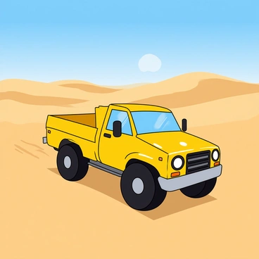 A bright yellow truck with large wheels driving across a vast sandy desert landscape. The truck has its headlights on and a shiny surface that reflects the sunlight. In the background, there are gentle sand dunes that rise and fall, creating a wavy pattern. The sky above is clear and blue, with no clouds visible. The sun casts a warm glow over the scene, emphasizing the desolate beauty of the desert.