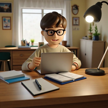 A teenager with short brown hair, wearing glasses, is sitting at a wooden desk in a cozy room. The teenager is focused on a silver laptop that is open in front of them, displaying an online course interface. There is a blue notepad next to the laptop, with handwritten notes and a black pen lying across the pages. The room is decorated with posters on the walls and a small potted plant on the desk, adding a touch of greenery. A soft lamp casts warm light over the workspace, creating a conducive atmosphere for studying.