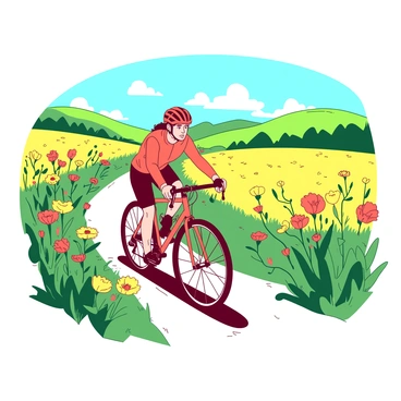 A cyclist dressed in bright gear is riding along a narrow dirt path that winds through a field filled with blooming wildflowers. The wildflowers display a variety of colors, with vibrant patches of yellow and red flowers swaying gently in the spring breeze. The cyclist has a focused expression, and their bicycle has sleek wheels and a lightweight frame. In the background, there are rolling green hills under a clear blue sky. Sunlight is casting warm rays over the scene, adding to the lively atmosphere of spring.