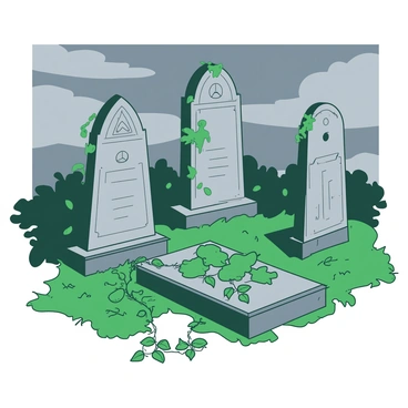 A duotone scene with gray tombstones covered in green creeping ivy. The ancient tombstones are intricately carved with symbols and names that have faded over time. The ground around them is uneven, scattered with patches of grass and more ivy. Above, the sky is filled with dark gray clouds, creating a moody atmosphere. Some ivy trails down from the tombstones to the ground, intertwining with the earth. The overall composition conveys a sense of history and tranquility among the aged monuments.