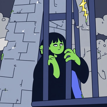 Elphaba, the Wicked Witch, is gazing through the dark metal bars of a tall stone tower. Her skin is a vibrant green, and she wears a flowing black cloak that drapes around her. The stormy sky in the background is filled with swirling gray clouds and flashes of lightning. Raindrops can be seen falling, adding to the dramatic atmosphere. The tower's stone walls have a rough texture, and there are hints of ivy climbing up the sides.