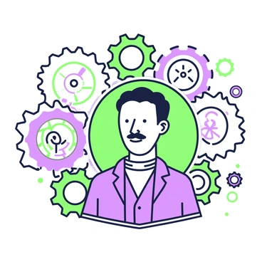 A portrait of "Nikola Tesla" is placed at the center of the image. He is depicted with his signature mustache and period attire, standing confidently with a thoughtful expression. Surrounding him are numerous "interlocking gears and cogs" of various sizes, creating a complex mechanical backdrop. The gears are intricately detailed, showcasing teeth and ridges, and they appear to be in motion, emphasizing the idea of invention and energy. Some of the cogs are larger and positioned closer, while smaller ones are layered behind, creating depth in the composition. The overall arrangement of gears leads the viewer's eye toward Tesla, highlighting his pivotal role in innovation.