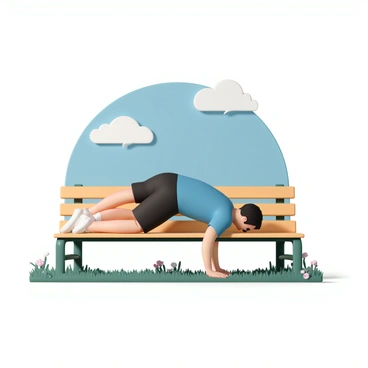 A person, wearing a blue t-shirt, black shorts, and white athletic shoes, is performing incline push-ups on a wooden park bench. They have their hands placed firmly on the bench, with their body angled downward, demonstrating strength and focus. The background features a bright blue sky with a few scattered white clouds, and sunlight casts distinct shadows on the ground. Nearby, lush green grass and a few blooming flowers add to the vibrant outdoor setting.