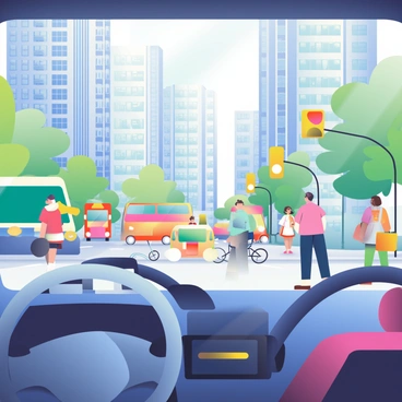 A view of a bustling cityscape through the windshield of a car