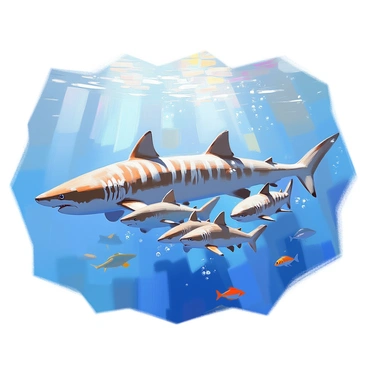 A family of tiger sharks swimming together in the clear blue ocean. The group includes a large adult tiger shark with prominent dark stripes and several smaller juvenile sharks, all gliding gracefully through the water. Sunlight filters down from above, creating shimmering patterns on their sleek bodies. Bubbles trail behind them as they swim in unison, showcasing their powerful tails and dorsal fins. Around them, schools of smaller fish dart in and out, adding to the vibrant underwater scene.