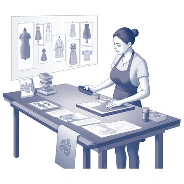 An artist stands at a large work table, surrounded by various printmaking tools and materials. The artist, dressed in an apron, holds a brayer in one hand and applies ink to a linoleum block. Several sketches of fashion designs are pinned on the wall in the background. Various printed fabric samples are laid out, showcasing different textures and patterns. The atmosphere is focused, with a light source illuminating the workspace, highlighting the artist's concentration and the intricate details of the printmaking process.