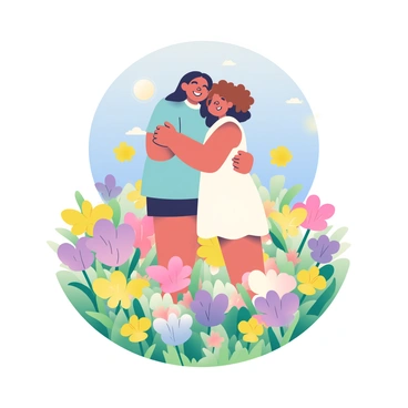 Two friends are standing in a vibrant field of wildflowers, filled with a variety of colorful blooms in shades of yellow, purple, and pink. They are embracing each other and smiling warmly. One friend has curly brown hair and is wearing a light blue shirt, while the other has straight black hair and is dressed in a white sundress. The sun is shining brightly, casting a soft light over the scene, and the gentle breeze causes the flowers to sway slightly. In the background, a clear blue sky complements the cheerful atmosphere of the moment.