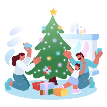 A family is gathered around a green pine tree adorned with colorful ornaments and twinkling lights. The tree is decorated with a bright star on top, casting a warm glow over the scene. The parents are kneeling beside the tree, helping their children unwrap a variety of gifts of different shapes and sizes. Some of the presents are wrapped in shiny red, green, and gold paper, while others are tied with colorful ribbons. The children are excitedly holding up toys and books, showcasing their new treasures. In the background, there are stockings hung by the fireplace, and soft, warm light fills the cozy room.