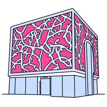 A building facade featuring a futuristic design with a complex mesh pattern resembling blood vessels. The facade is composed of interwoven lines and curves, creating a dynamic and organic appearance. The structure has a combination of glossy and matte surfaces, accentuating the intricate details of the mesh. The color scheme includes deep reds and metallic silvers, enhancing the futuristic aspect. Large glass panels are integrated within the design, allowing natural light to penetrate the interior while maintaining the thematic mesh aesthetic.