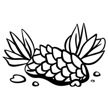 A pine cone lying on a wet surface, surrounded by small puddles of rainwater. Water droplets are clinging to the surface of the pine cone, accentuating its textured scales. The background features blurred green foliage, indicating a forest environment. The overall scene captures the pine cone's intricate details enhanced by the rain.