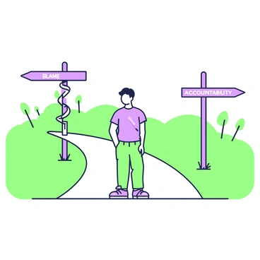 A person stands at a crossroads, surrounded by a serene landscape. The figure is facing towards two distinct paths ahead. To the left, a signpost points towards "Blame," while to the right, another signpost indicates "Accountability." The person appears contemplative, wearing casual clothing and looking thoughtfully at the signs. The background features a gentle slope of grass on either side of the paths, with a few scattered trees in the distance, framing the scene perfectly.
