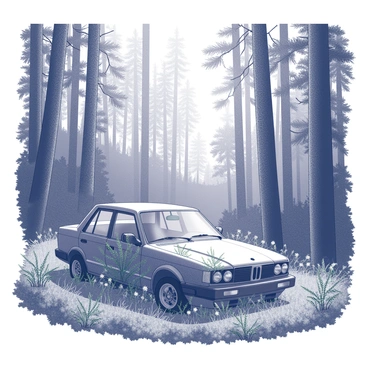A dense forest with tall trees and thick underbrush. The sunlight filters through the leaves, creating dappled patterns of light and shadow on the forest floor. In the midst of the greenery, there is an abandoned car partially overgrown with vines and foliage. The car’s windows are dusty, and its paint is chipped, suggesting it has been there for a long time. Surrounding the vehicle are wildflowers and ferns growing freely, adding to the untamed atmosphere of the scene.