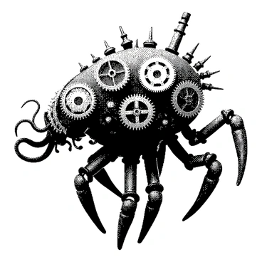 A unique organism with a complex structure is designed with various gears and pipes integrated into its body. The skin appears textured, showing a blend of organic and mechanical elements. The gears are intricately connected, some larger and protruding, while others are smaller and seamlessly embedded. Pipes extend from different parts of the body, with visible joints and curves, suggesting a network of internal systems. The organism has limbs that mimic both mechanical arms and natural appendages, completing its steampunk appearance.