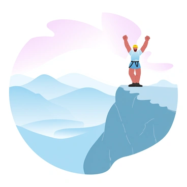 A climber is standing triumphantly at the summit of a steep cliff. The climber is dressed in bright climbing gear, including a helmet and harness. Below, a vast landscape unfolds, featuring rolling hills and distant mountains, all sketched in gradient pastel colors. The sky above is filled with soft hues transitioning from pink to blue, creating a serene backdrop. In the foreground, the rocky texture of the cliff is detailed, and the climber is gazing out over the breathtaking panoramic view, arms raised in celebration.