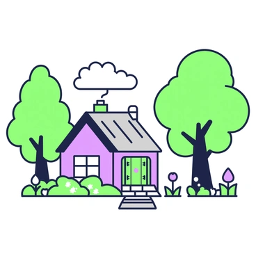 A cozy cottage is nestled among several trees and various flowers. The cottage has a thatched roof and a small chimney with smoke gently rising. In front of the cottage, there is a pathway made of stones leading to a wooden door. Tall green trees frame the scene, their leaves thick and full. Brightly colored flowers bloom at the base of the trees, adding vibrancy to the surroundings. Above, a clear sky stretches out, with a few fluffy clouds drifting by.