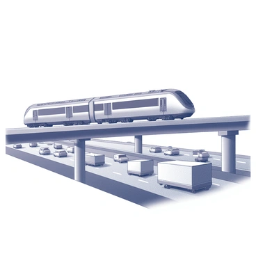 A sleek train is positioned on an overpass, with its streamlined design emphasizing speed and modernity. Below, a busy highway is filled with numerous vehicles, including cars and trucks, moving in both directions. The scene captures a sense of movement, with the train traveling smoothly above the bustling traffic. The overpass arches gracefully, creating a dynamic contrast with the dense flow of vehicles beneath. The sky is clear, providing a bright backdrop for the entire scene.