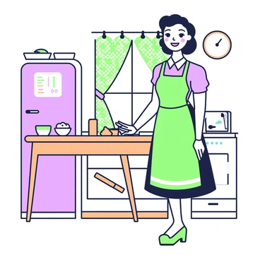 A pin-up girl is standing in a quaint kitchen from the 1950s, wearing a colorful apron over her dress. She has a playful smile and her hair is styled in soft waves. In front of her, a wooden table is covered with various baking ingredients, including a bowl of cookie dough and a rolling pin. Surrounding her are old-fashioned kitchen appliances, such as a pastel-colored refrigerator and a vintage oven. On the wall, there are cheerful patterned curtains and a clock with a classic design. The atmosphere conveys a sense of warmth and nostalgia.