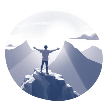 A person is standing on a rugged mountain peak. The individual is facing towards the horizon where the sun is rising, casting light across the landscape. The person's arms are open wide, embracing the moment as they take in the breathtaking view. The sky features various shades of light and dark as the sun breaks through, illuminating the rocky terrain below. The mountain peak is jagged and steep, adding to the dramatic scenery of the scene. Wispy clouds can be seen in the sky, further emphasizing the height of the mountain.