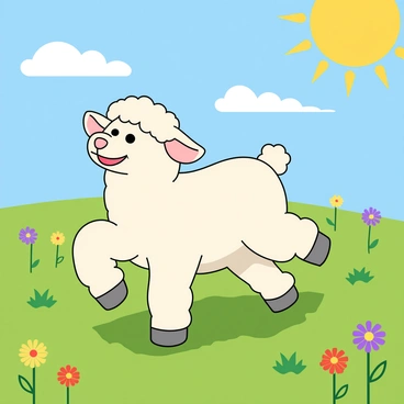 A playful lamb frolicking in a sunny meadow with wildflowers