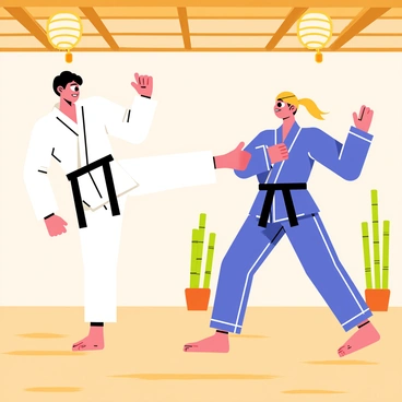 Two martial artists, one wearing a white gi and the other in a blue gi, are practicing their techniques on a wooden dojo floor. The first martial artist is performing a high kick, with one leg extended upward and a focused expression on their face. The second martial artist is in a defensive stance, ready to counter the move, with their arms raised. The dojo has traditional Japanese decor, including wooden beams and paper lanterns hanging from the ceiling. In the background, there are bamboo plants positioned in pots, adding a touch of nature to the scene.