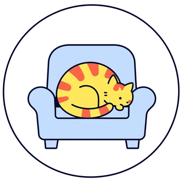 A round frame enclosing a simple scene of a cat napping. The cat is a cute tabby with orange stripes, curled up comfortably on a cushy armchair. The armchair has a light blue color and features a cushioned backrest and smoothly curved armrests. The background is minimal, allowing the focus to remain on the cat and the armchair.