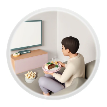 A person, wearing a cozy sweater and sweatpants, is sitting comfortably on a couch. They are holding a TV tray, which has a steaming meal consisting of mashed potatoes, a meatloaf portion, and a side of green beans. The person is leaning forward, intently watching a large flat-screen TV mounted on the wall in front of them. The room is softly lit, creating a warm atmosphere, and a bowl of popcorn is placed on the couch beside them.