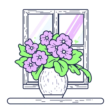 A hand-tied bouquet of fresh primroses is arranged in a rustic vase placed on a windowsill. The bouquet features several primroses with soft petals in varying shapes, clustered together, demonstrating an organic design. The rustic vase is made of textured clay, featuring an uneven surface and a simple, earthy color. Sunlight streams through the window, casting soft shadows on the windowsill. A few green leaves from the bouquet drape gracefully over the edge of the vase, enhancing the natural look of the arrangement. Behind the vase, the window frame is wooden and weathered, adding to the rustic ambiance.
