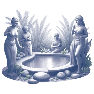 A secret sanctuary featuring ancient stone statues in various poses, each weathered and covered in intricate carvings. The statues are partially hidden among a dense array of lush greenery, including tall ferns and broad-leaved plants. In the center of the scene, there is a tranquil pond with still water reflecting the surrounding foliage and statues. The pond's edges are lined with smooth stones and aquatic plants, creating a natural and serene environment. Sunlight filters through the leaves, casting gentle shadows on the ground.