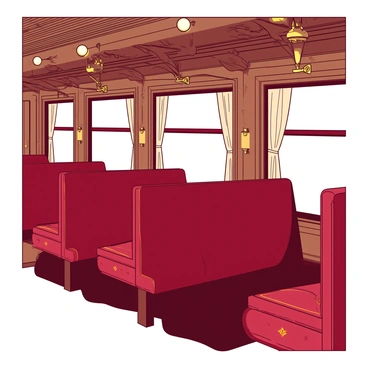The interior of an old train features rich wood paneling that lines the walls, showcasing intricate carvings. Plush seats in a deep red fabric are arranged in pairs, with golden trims outlining the cushions. Above the seats, antique brass light fixtures cast a warm glow, illuminating the space. Large windows with sheer curtains provide glimpses of the outside scenery, while ornate details such as vintage luggage racks add to the charm of the interior.