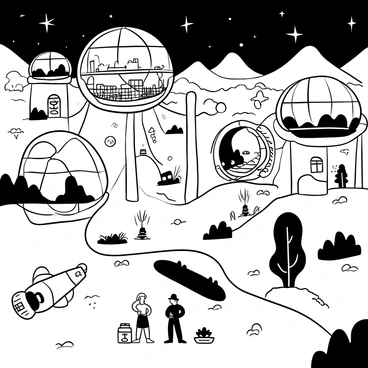 A panoramic view of a futuristic space colony on a distant planet, featuring multiple domed habitats interconnected by transparent tunnels. The domes have geometric designs, showcasing various structures like gardens and communal areas visible through their surfaces. In the foreground, a small group of people is engaged in gardening activities outside one of the domes. The landscape has rugged terrain with distant mountains under a starry sky. Spacecraft are parked nearby, and there are scattered scientific equipment around the colony.