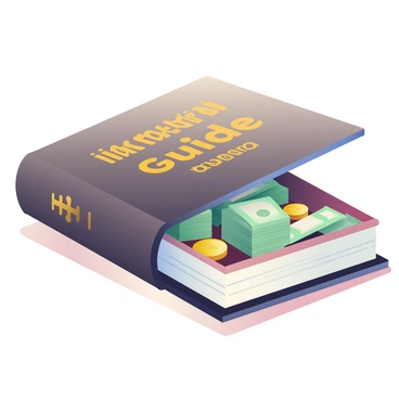 A large, thick book with a dark brown cover is placed on a wooden surface. The spine of the book has gold lettering that reads "Investment Guide." The book is hollowed out, revealing a hidden compartment inside. In this compartment, there are various fake riches, including several stacks of fake hundred-dollar bills neatly arranged and a few shiny gold coins scattered around. The interior of the hollowed section is lined with a velvet-like material, creating a luxurious look. The scene is well-lit, highlighting the textures of the book cover and the glint of the fake riches inside.