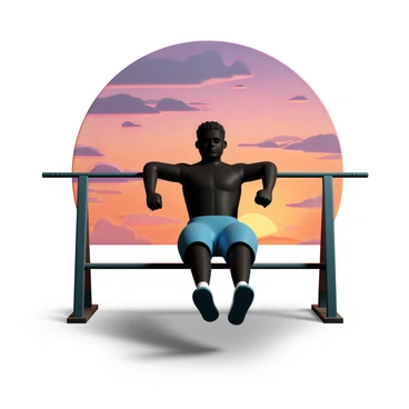 A person, wearing a black tank top and blue shorts, is performing dips on a set of parallel bars. The individual is in a focused stance, with arms extended and muscles engaged. The setting features a vibrant sunset sky filled with hues of orange, pink, and purple, creating a striking contrast against the dark silhouette of the person. The ground beneath is shadowed, enhancing the dramatic effect of the scene.