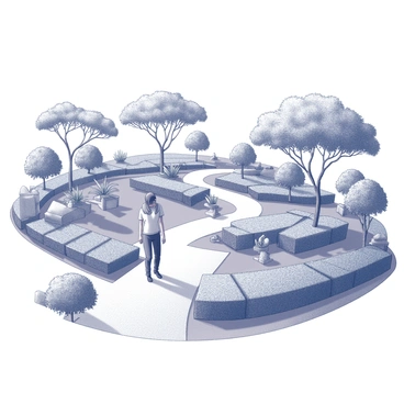 A curious visitor exploring the winding paths of a beautifully landscaped tea garden.